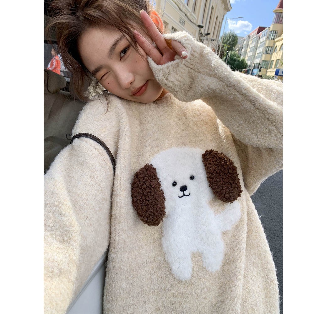 Hello Canon Plush Puppy Jacquard Sweater Women's Autumn and Winter 2023 New Loose Lazy Little Knitted Sweater