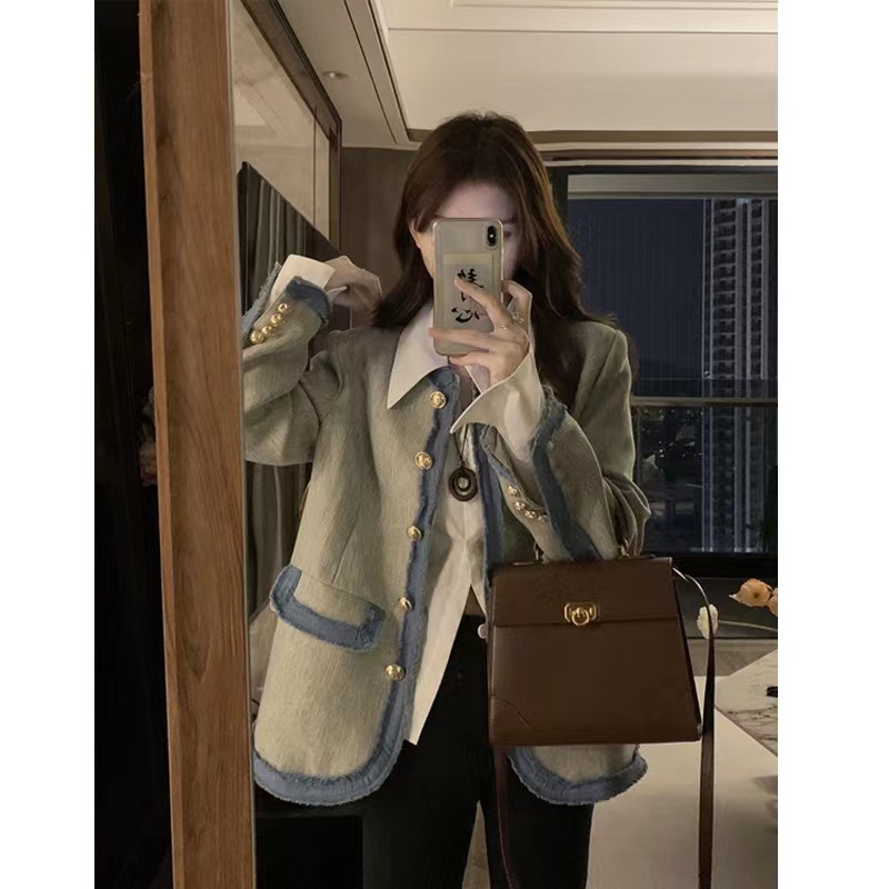 Original fabric small fragrance style contrasting color jacket for women 2023 spring and autumn design niche temperament celebrity top