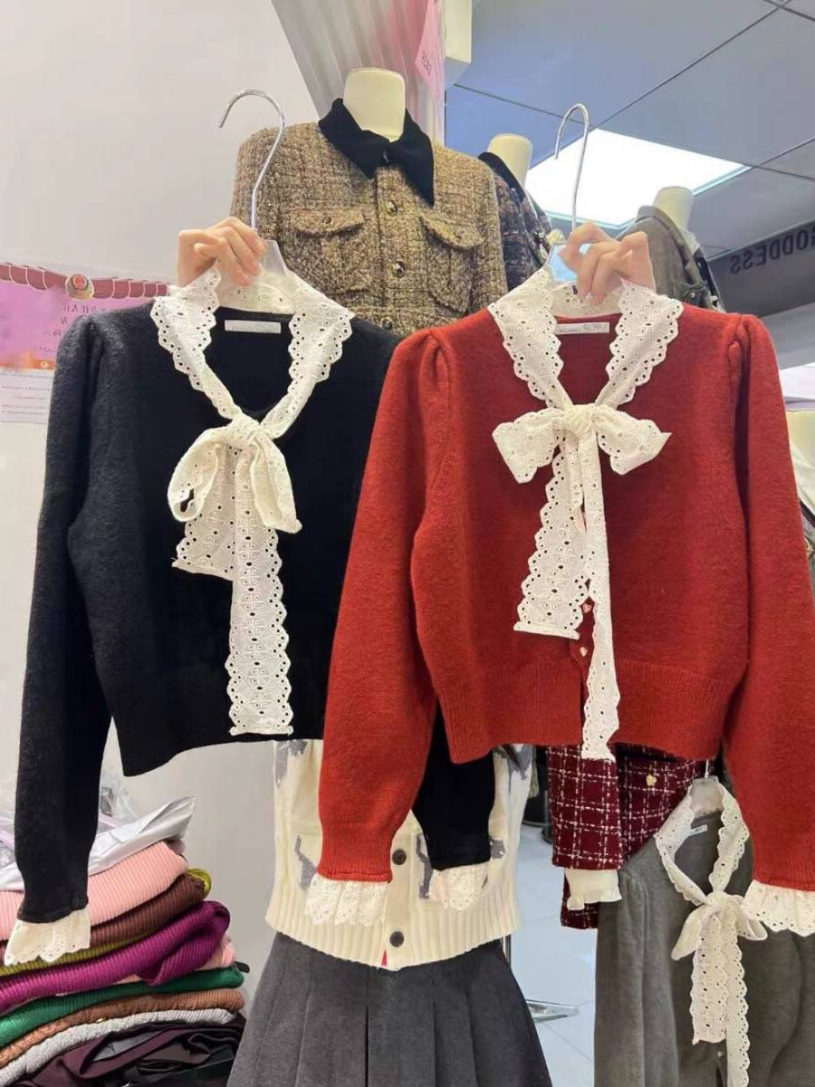 韓版蕾絲邊針織開衫秋冬新品女裝慵懶風泡泡袖單排扣外搭毛衣外套