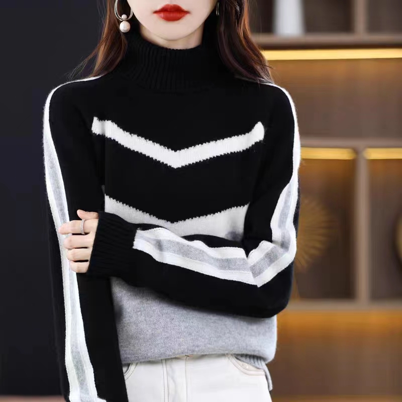 高領加厚毛衣女2023秋冬季節新款拼色通勤風撞色寬鬆套頭針織衫女