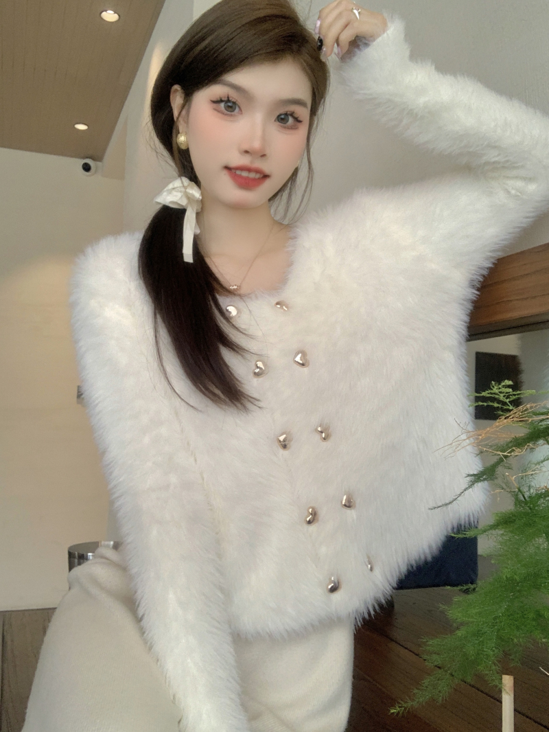 實拍秋冬新款韓版溫柔毛毛愛心雙排扣水貂絨氣質毛衣開衫外套