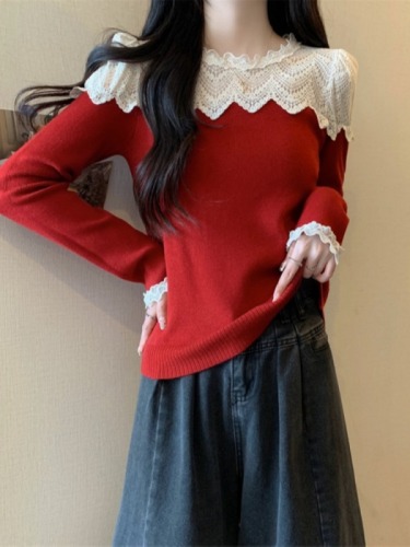 Crochet lace splicing wool sweater autumn and winter New Year red sweater loose long-sleeved pullover warm bottoming shirt for women