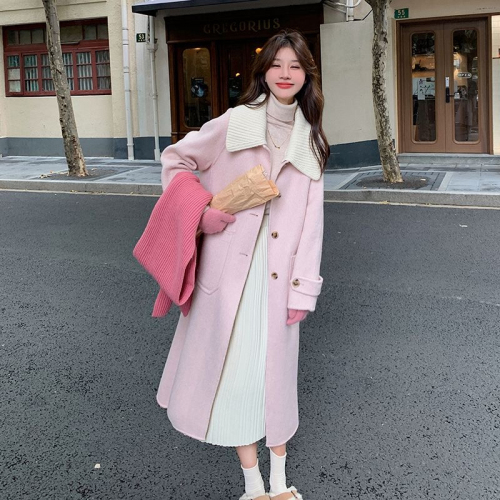 Pink woolen coat for women winter  new thickened Korean style small medium-length high-end woolen coat