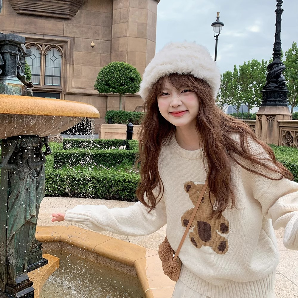 YUKIXIAOSHU***Sweet girl high quality thickened bear sweater loose bottoming sweater top for women