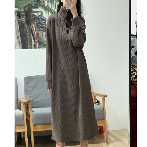 Velvet thickening autumn and winter new Korean style temperament high collar half cardigan mid-length fashionable vertical stripe loose dress for women