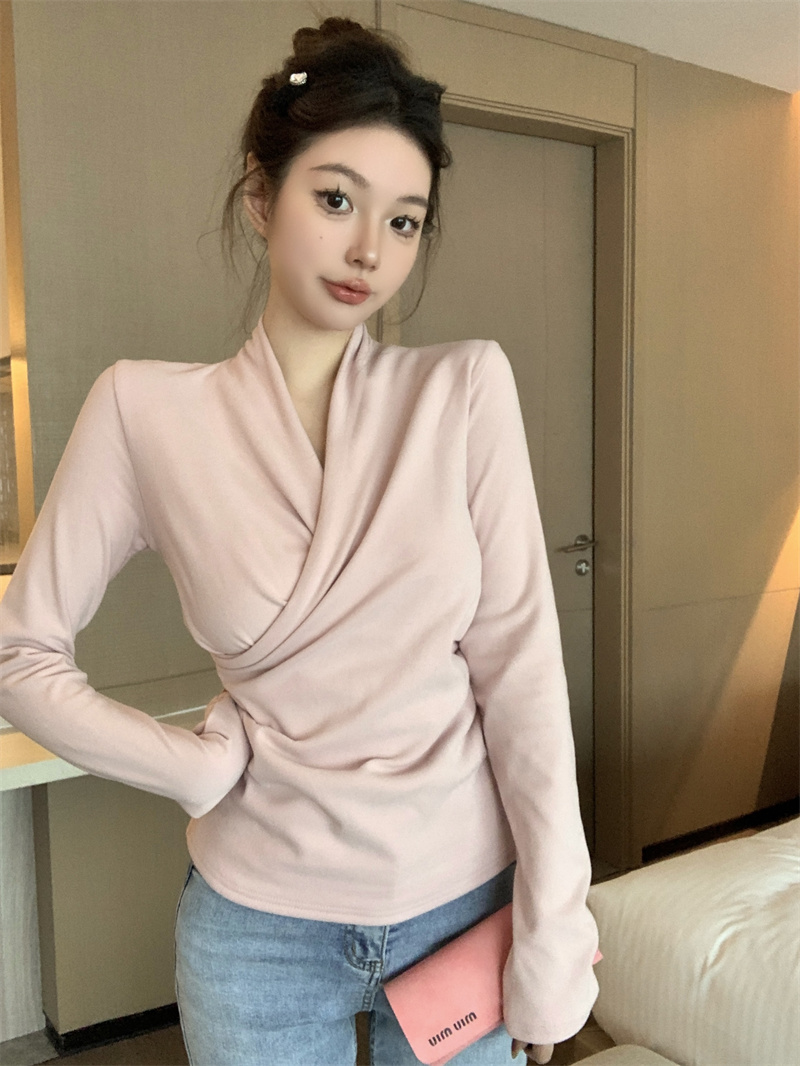 實拍  純欲風設計感V領交叉長袖T恤女修身顯瘦雙面絨打底衫