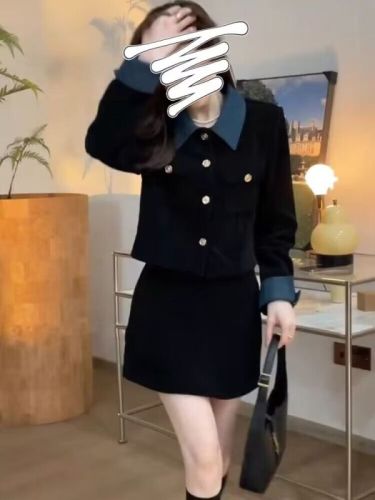 Korean version of high-end casual chic commuting slimming contrasting color short jacket + skirt set for women in 