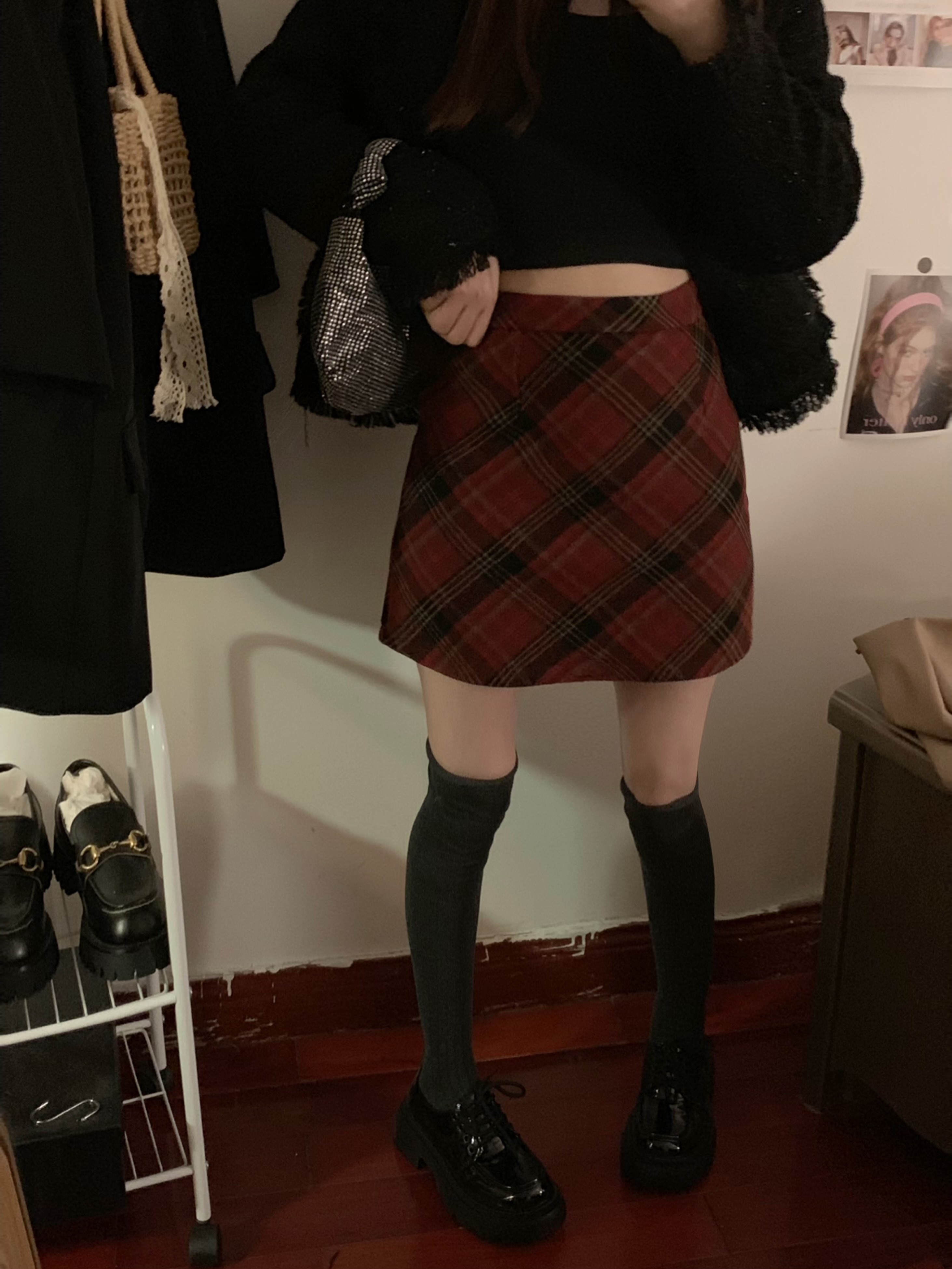 實拍 紅色半身裙格子毛呢高腰復古小個子a字包臀裙短裙裙子