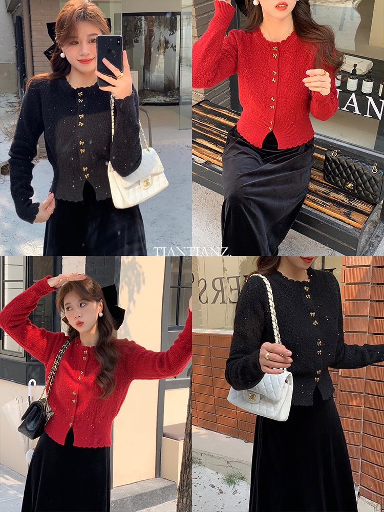 秋冬時尚蝴蝶結金扣毛衣女長袖寬鬆純色百搭開衫