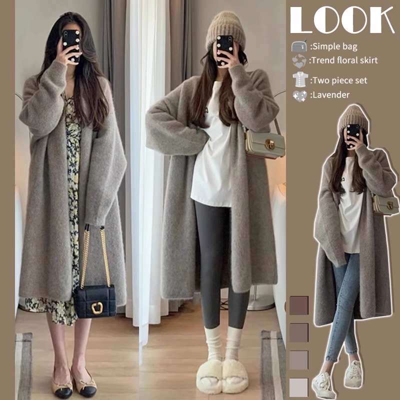 2023 New Gray Lazy Style Loose Sweater Women's Autumn and Winter Tops Knitted Cardigan Mid-Length Jacket Trendy