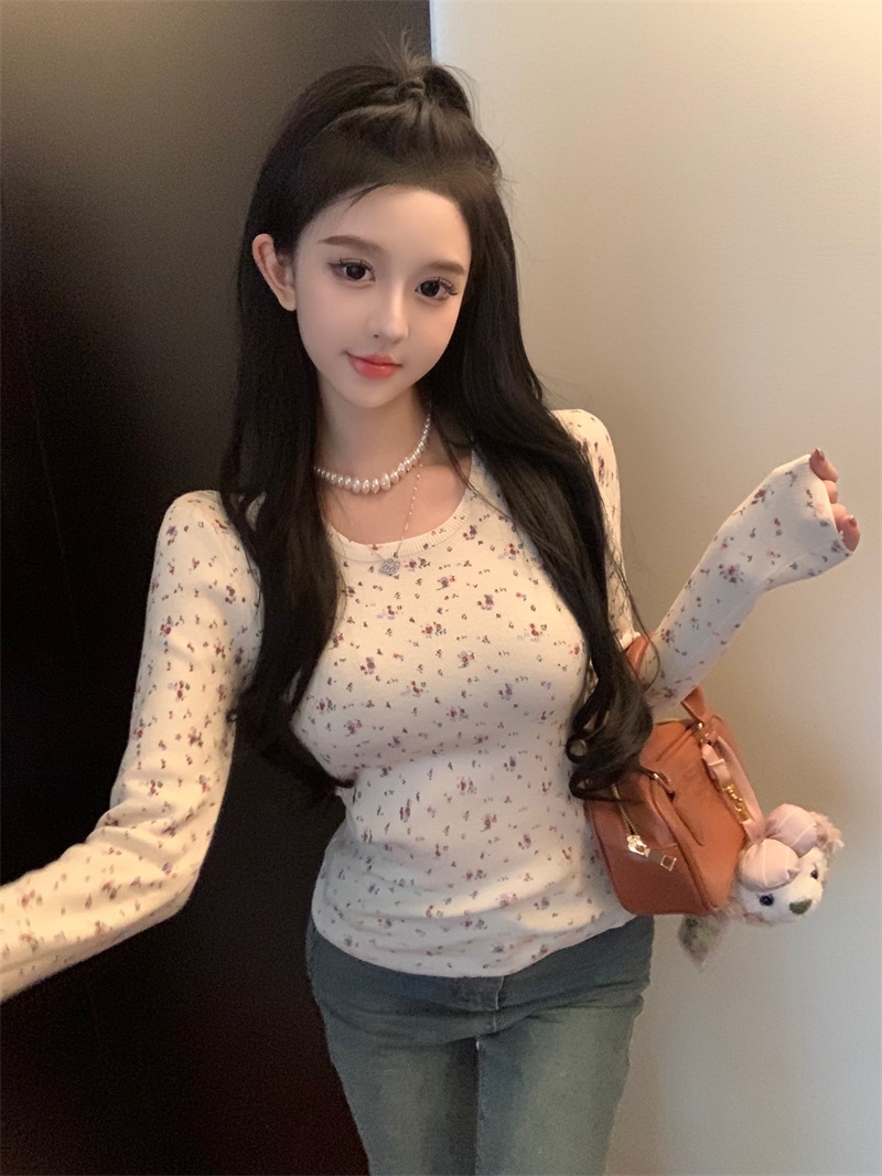 實拍！復古碎花甜辣修身顯瘦打底針織內搭別致長袖上衣