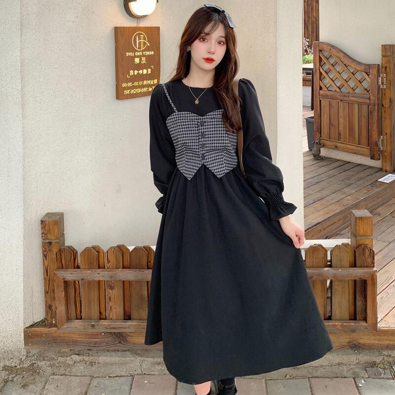 秋裝新款復古赫本風長袖連衣裙女收腰顯瘦氣質小黑裙套裝