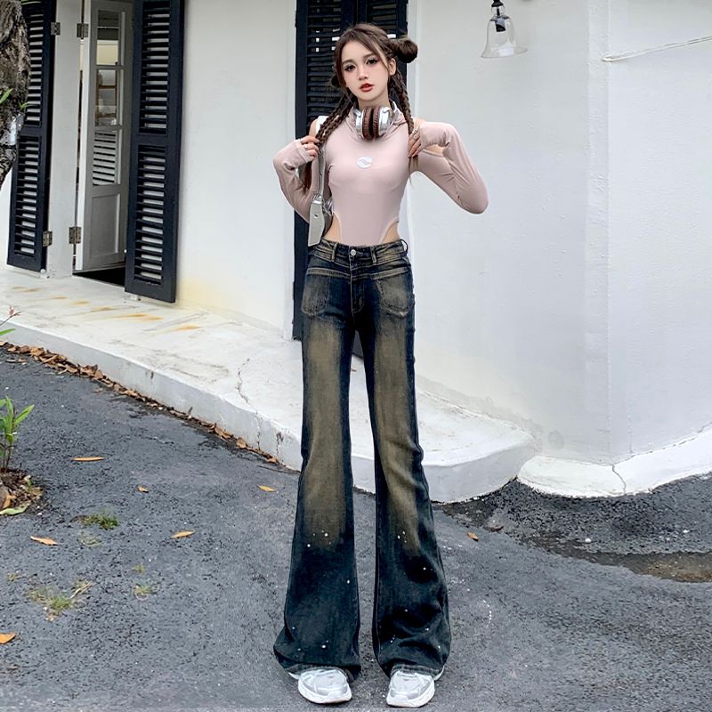 實拍~復古做舊辣妹牛仔褲女2023高腰微喇褲彈力提臀顯瘦喇叭褲ins
