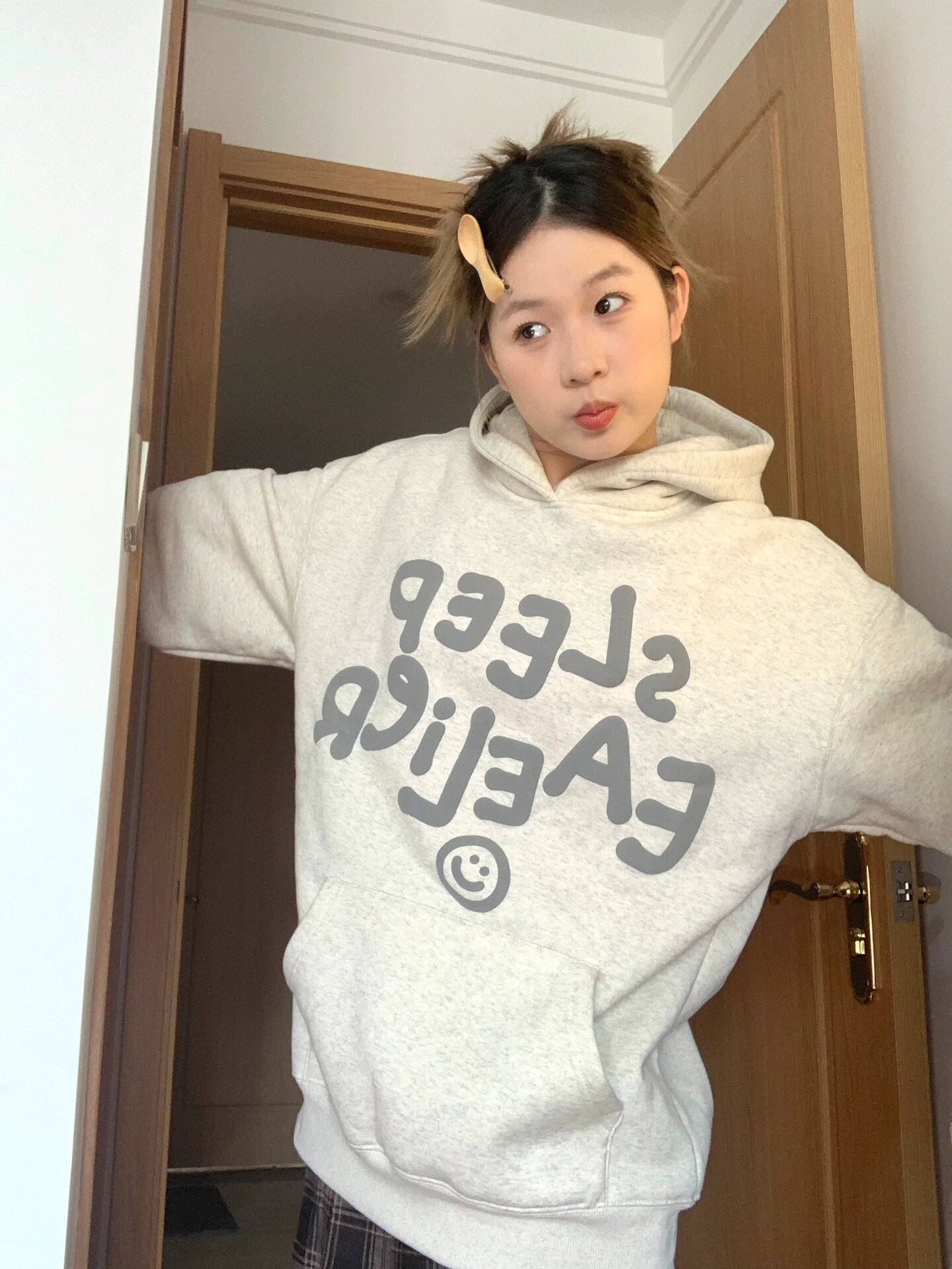 休閒運動服女秋冬笑臉印花加絨連帽衛衣