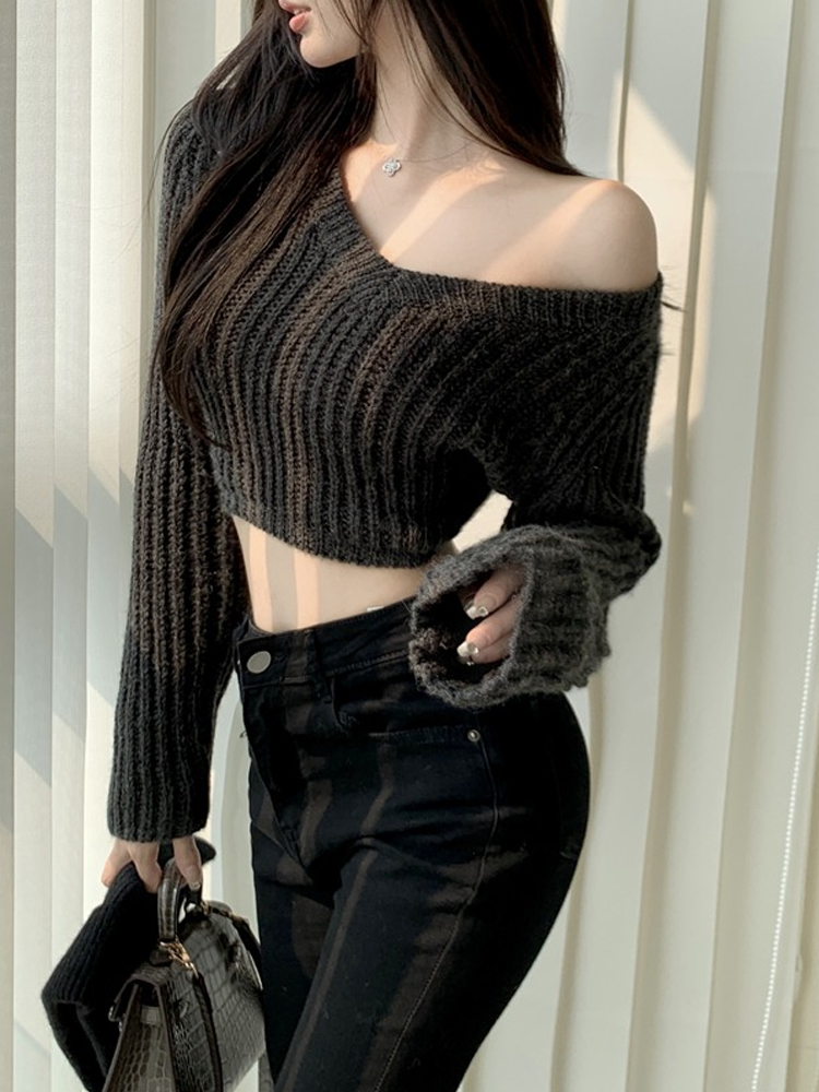 純欲辣妹性感露肩毛衣女設計感小眾秋冬別致一字肩上衣內搭打底衫
