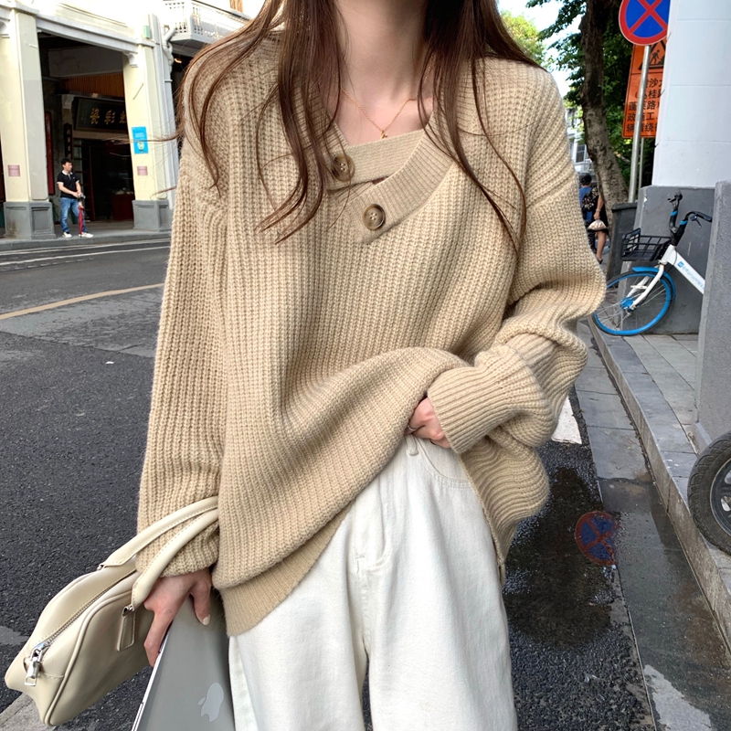 V-neck sweater women's loose autumn and winter new women's clothing with lazy style design niche bottoming sweater