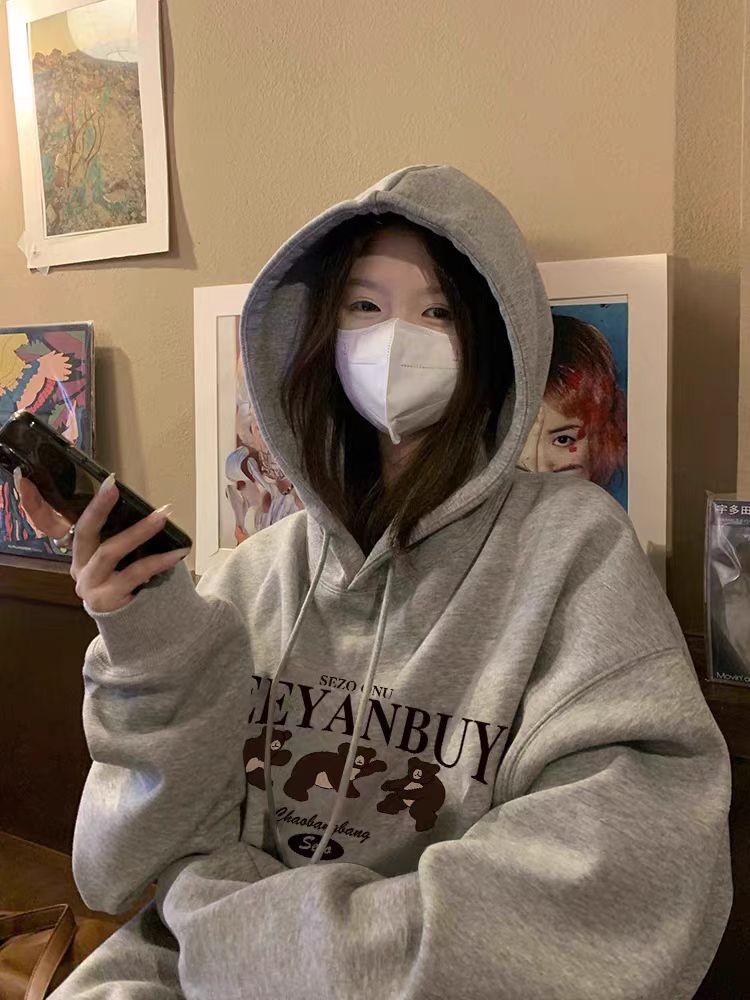 Thin Chinese cotton milk silk plus velvet Chinese cotton silver fox velvet printed sweatshirt women's hooded simple high-end top