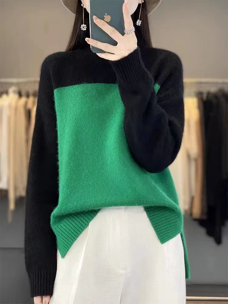 秋冬新款高領拼色羊絨衫女寬鬆慵懶加厚針織羊毛衫高級感打底毛衣