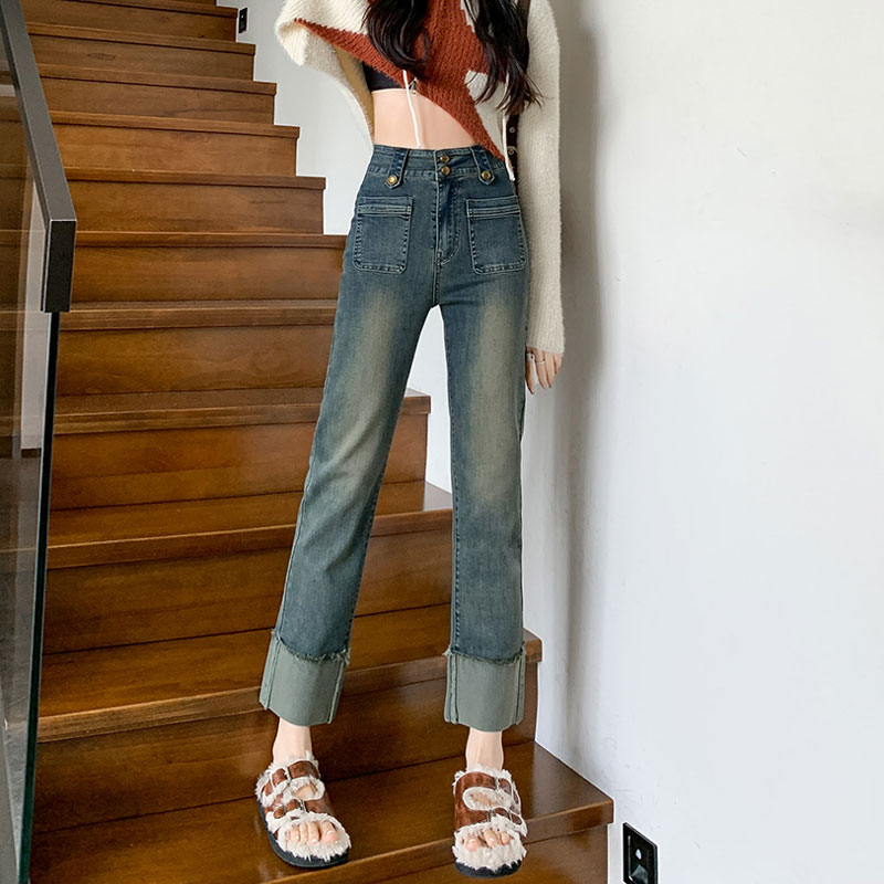 Color-blocked small straight jeans for women with design sense double-button elastic retro fashion high-waist commuting nine-point cigarette pipe pants