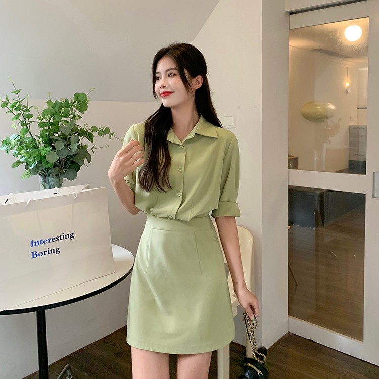 Spring fake two-piece POLO collar shirt dress for women, autumn waist slimming design skirt
