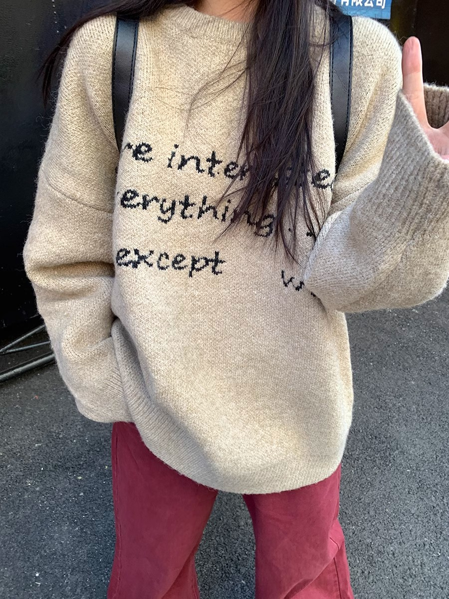 Xinbangbang lazy style letter printed round neck sweater 2023 autumn and winter new style loose sweater worn alone and layered