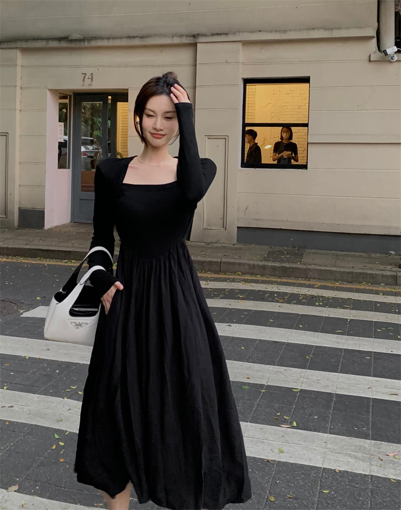 Spring high-end square neck cold style French long skirt long-sleeved dress autumn new women's clothing