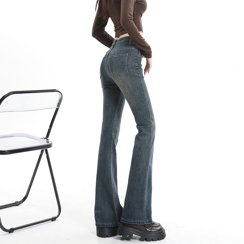 High-quality cement gray bootcut jeans for small women, American retro high-waist slim flared long pants