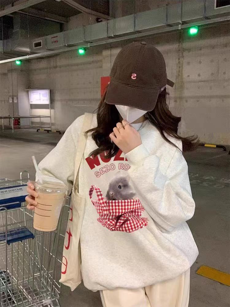 Thin Chinese cotton milk silk plus velvet Chinese cotton silver fox velvet round neck printed sweatshirt for women couple quality