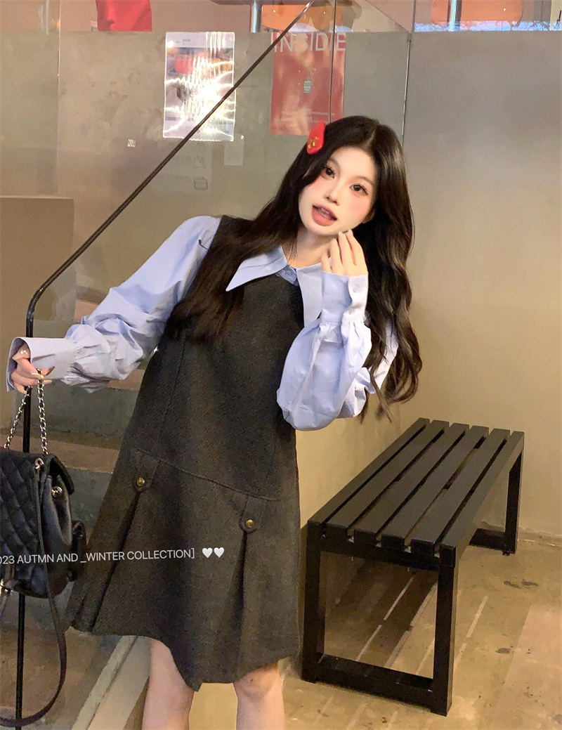 Real shot British style pressed pleated woolen vest dress with small gold buttons + chic shirt two-piece suit