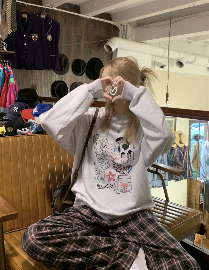 實拍~原創  韓系鬼馬甜酷少女印花寬鬆加絨銀狐絨衛衣