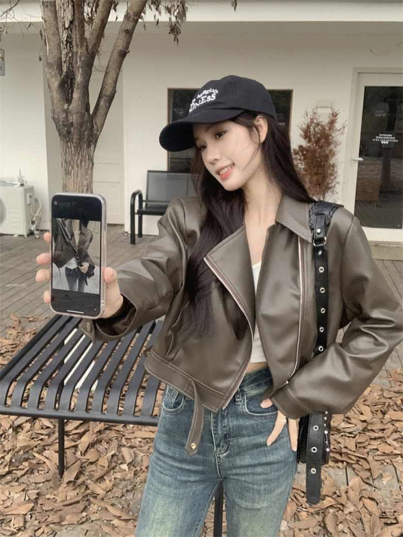 歐貨短款PU皮衣女外套高品質春季新款街頭翻領機車小個子皮夾克颯