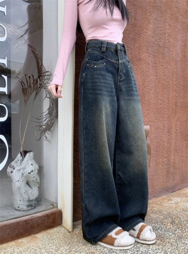 Actual shot of winter velvet thickening new loose slimming wide leg long jeans for women