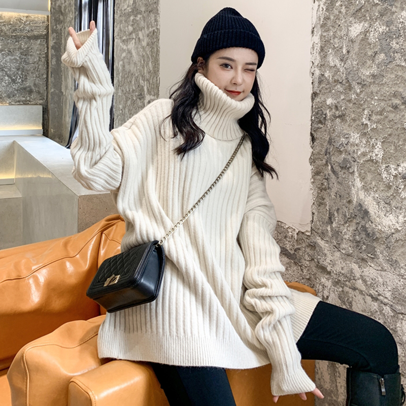 Turtleneck sweater for women in autumn and winter thickened loose outer wear mid-length high-end fashion lazy style white sweater