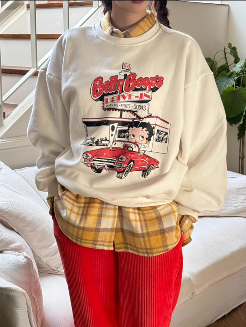 Official photo Chinese cotton composite thin 310g/plus velvet 410g autumn and winter sweatshirt for women with printed loose large size