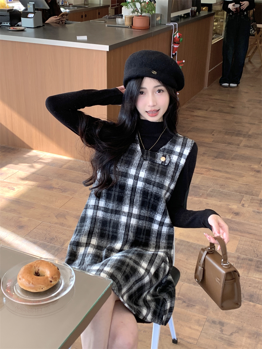 Actual shot ~ Retro plaid woolen V-neck casual and sweet suspender dress + versatile sweater two-piece set