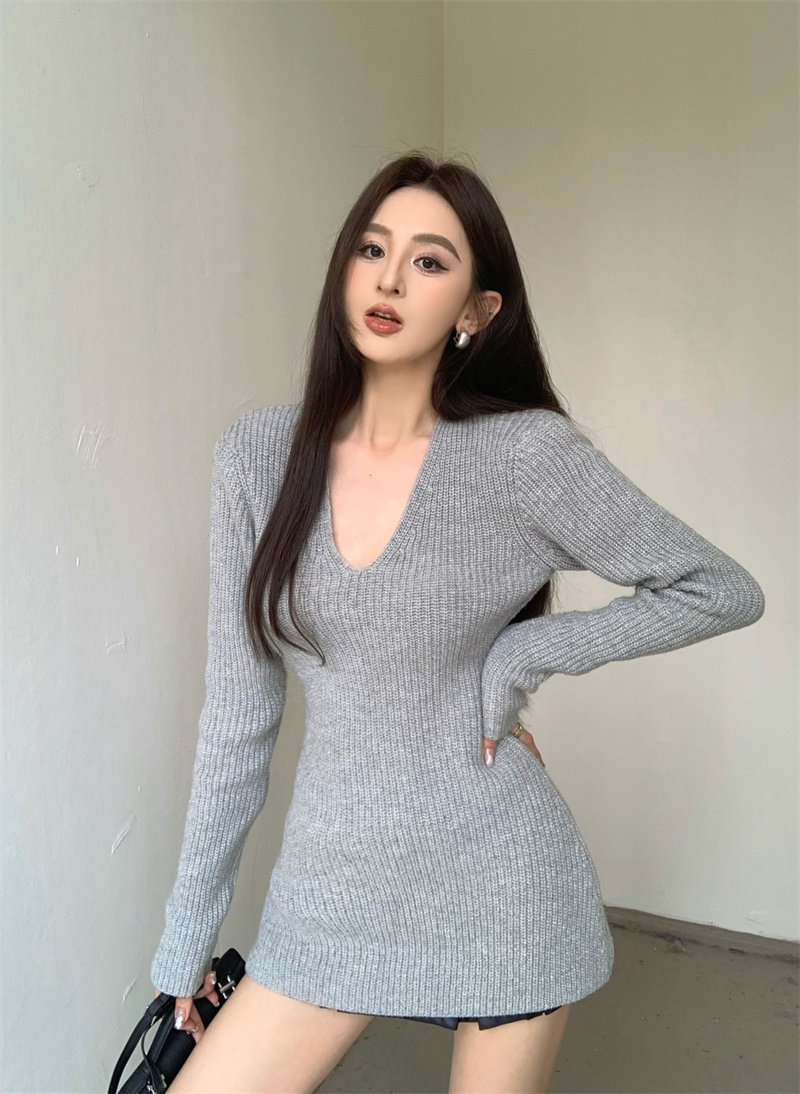 Actual shot of Korean style slimming waist V-neck knitted sweater dress