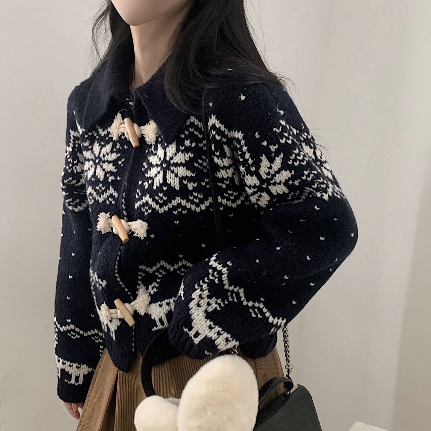 韓國ins冬日新款北歐風加厚保暖牛角扣雪花針織開衫女毛衣外套