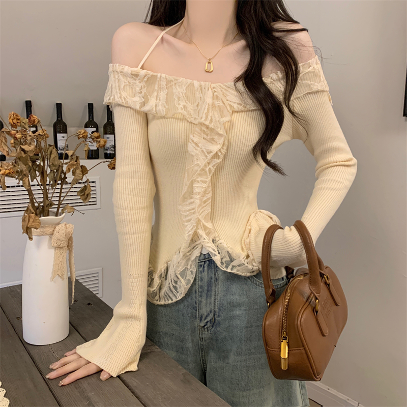 Actual shot of the new Korean-style one-shoulder lace spliced ​​long-sleeved sweater