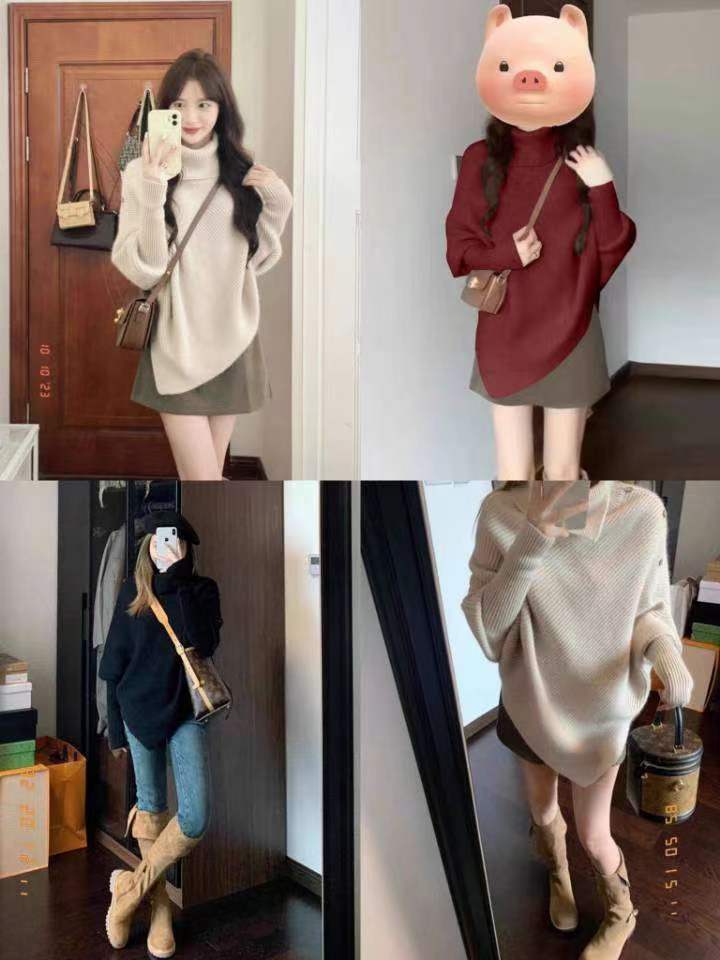 冬季新款不規則高領套頭毛衣女慵懶風軟糯寬鬆斗篷加厚針織