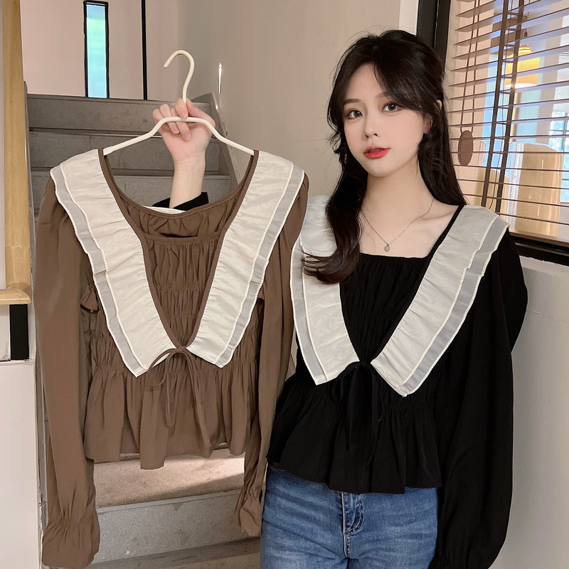 New autumn and winter women's Korean style large size French ruffled black long-sleeved shirt that covers the belly and looks slimming shirt top