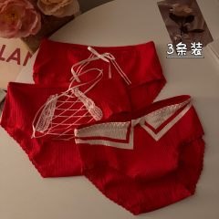 ~Shot~ New Year Red Women's Sensual Butterfly Bow Pure Cotton Matchable Breathable Triangle Pants 3-Pack