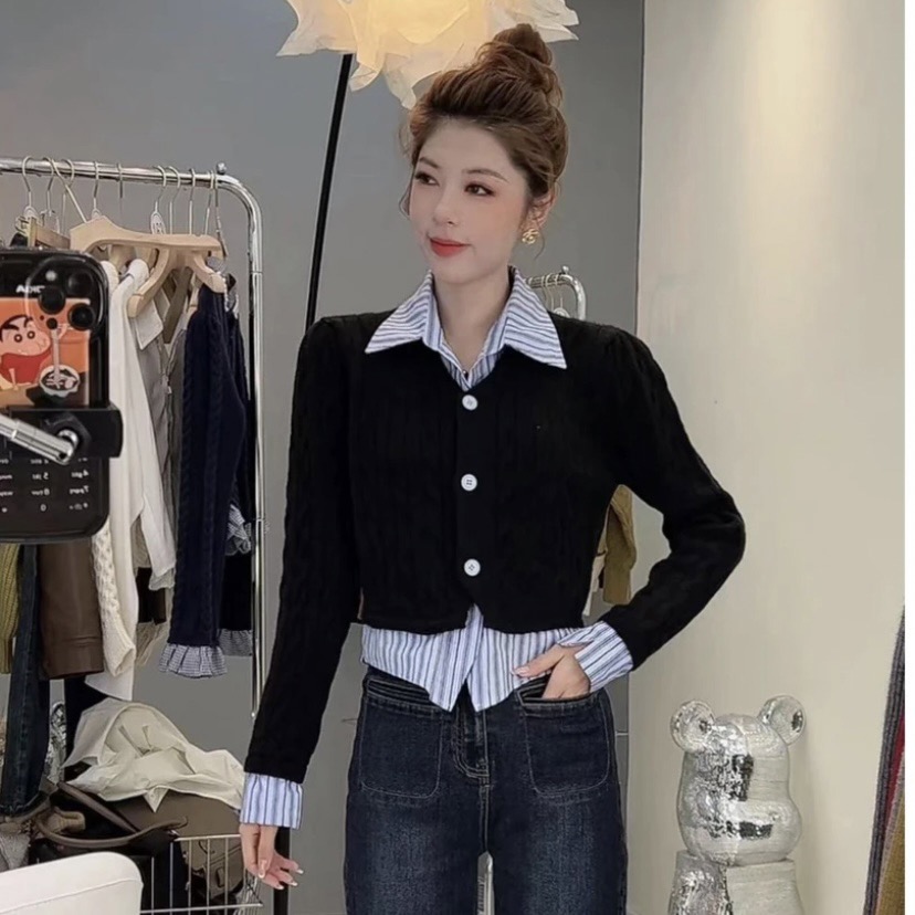 秋季新款韓版百搭時尚條紋襯衫拼接毛衣POLO領假兩件女