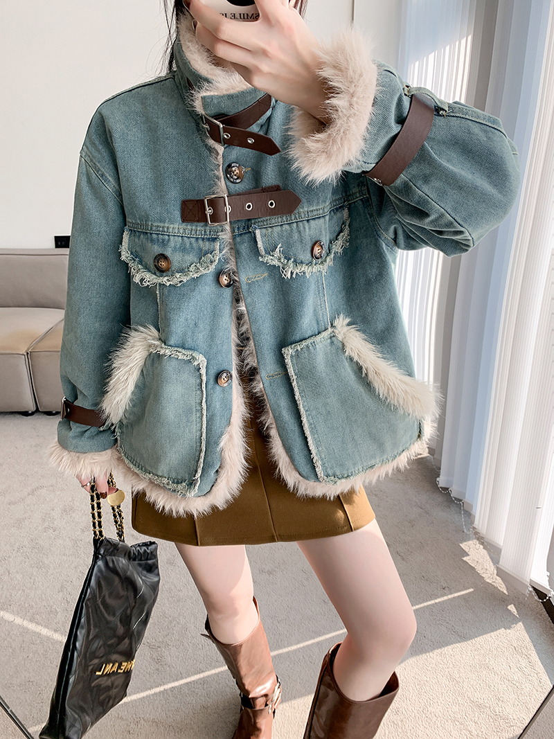 實拍~夾棉加絨加厚牛仔毛毛棉服外套女2023新款冬季棉襖棉衣
