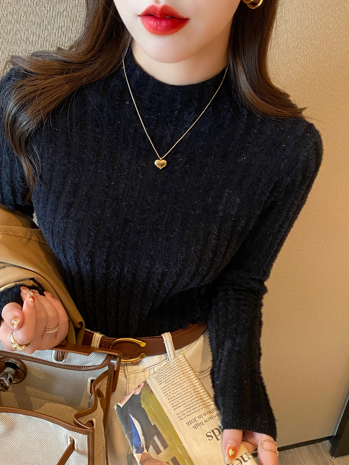 軟糯毛衣女秋冬高級感一體水貂絨加絨加厚半高領打底衫內搭上衣