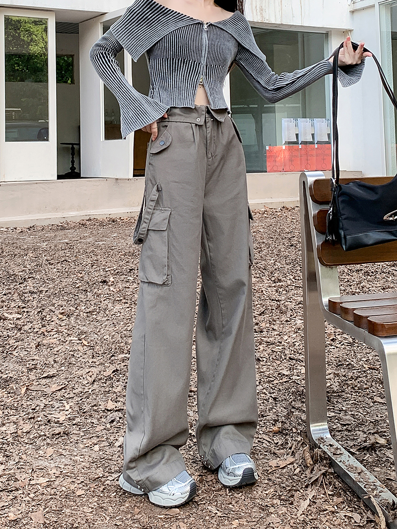 Actual shot~Women's overalls, American style street flap waistband design, straight, loose, wide-leg pants, casual pants
