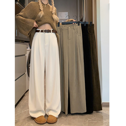 Actual shot of  autumn and winter wide-leg pants for women, new European cotton velvet high-waisted slim casual straight suit pants