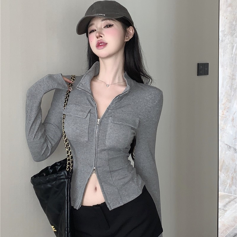 灰色立領雙拉鏈外套女2023春季設計感高級修身顯瘦開衫短款上衣潮