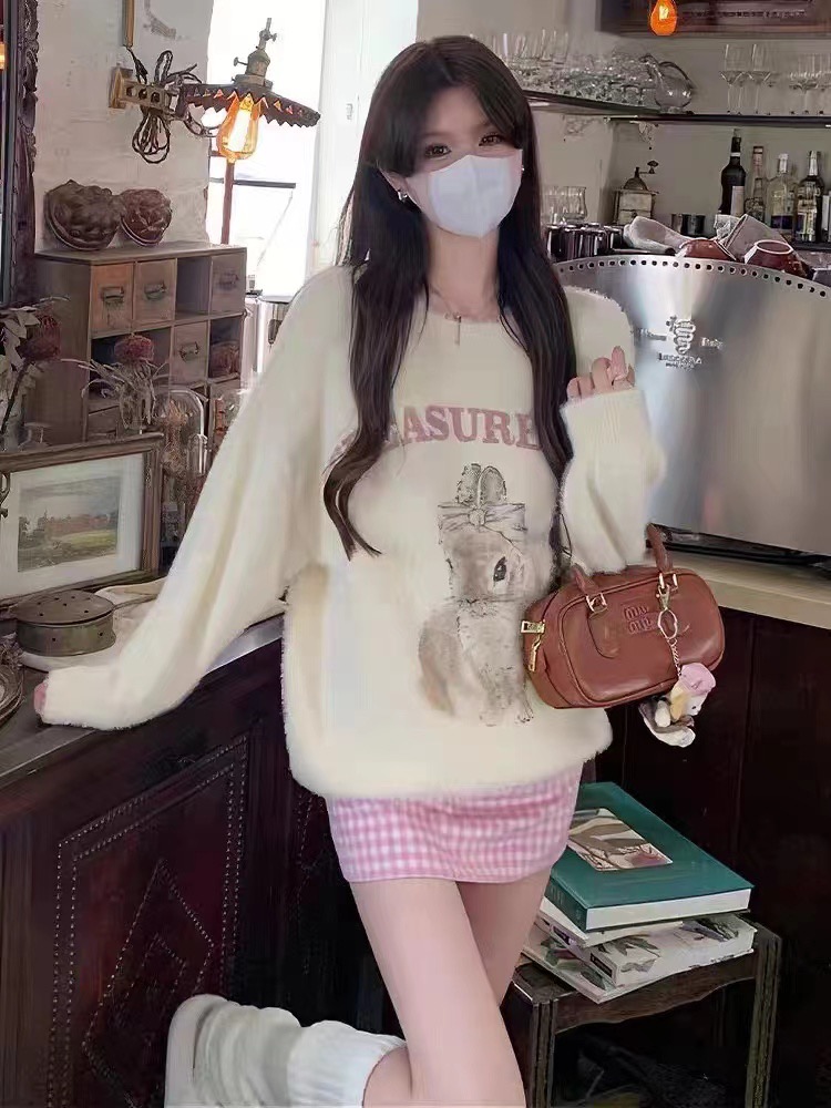 2023新款韓版甜美小兔子設計軟糯卡通漫畫水貂毛百搭毛衣上衣