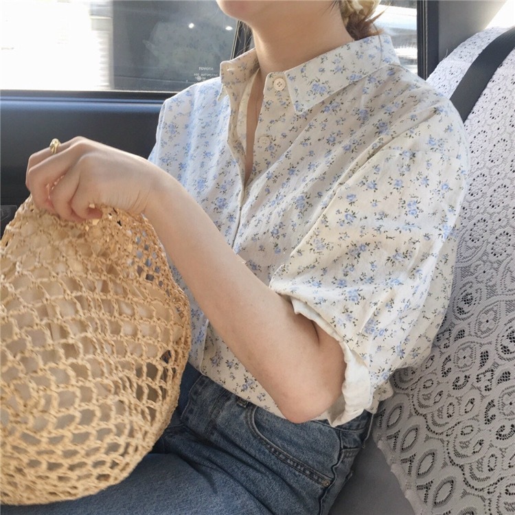 2023夏季新款韓國學生法式甜美學生小清新翻領短袖襯衫女碎花上衣