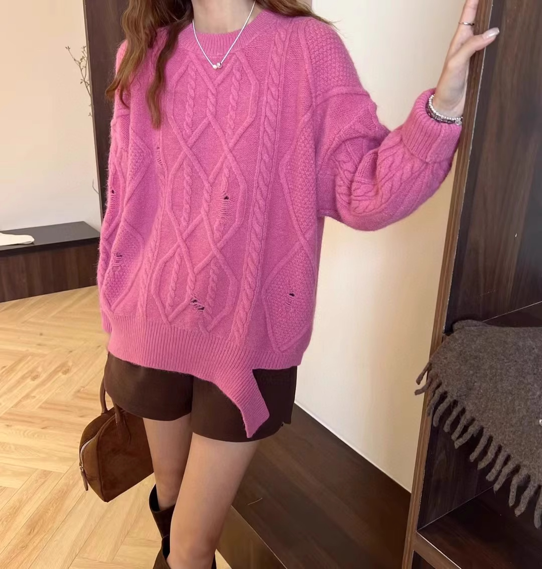 2023 Autumn Korean Style New Fashion Versatile Casual Ripped Twist Irregular Knitted Sweater Top